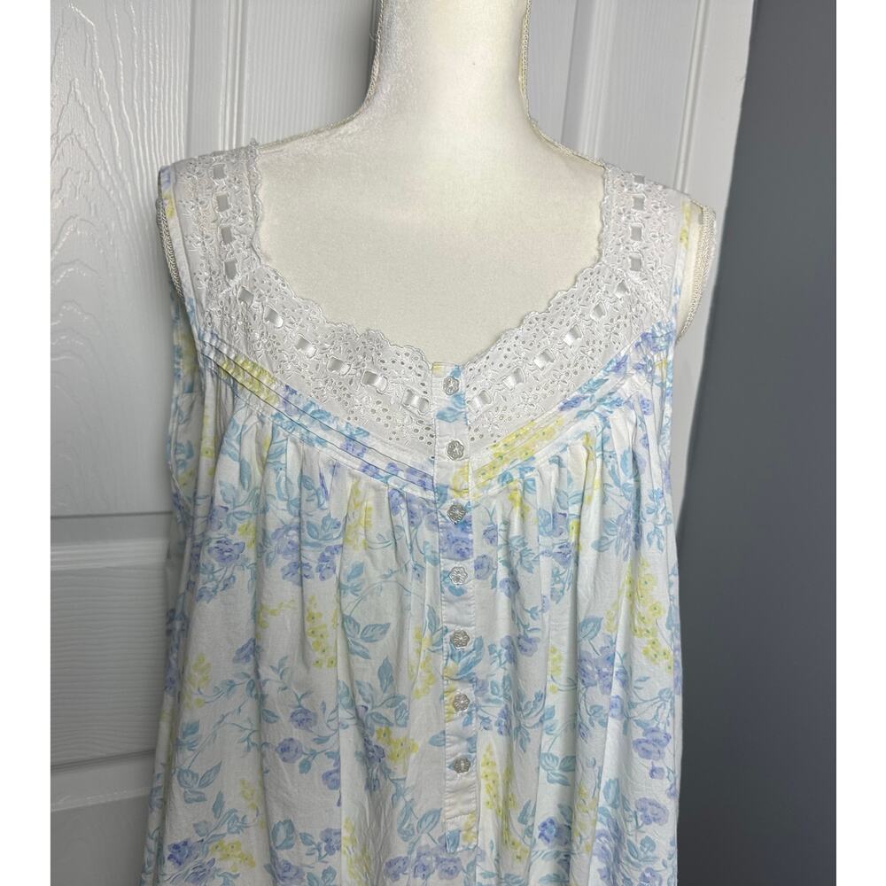 EILEEN WEST WHITE BLUE FLORAL PRINT SLEEVELESS COTTON NIGHTGOWN - SIZE XL - Picture 2 of 10